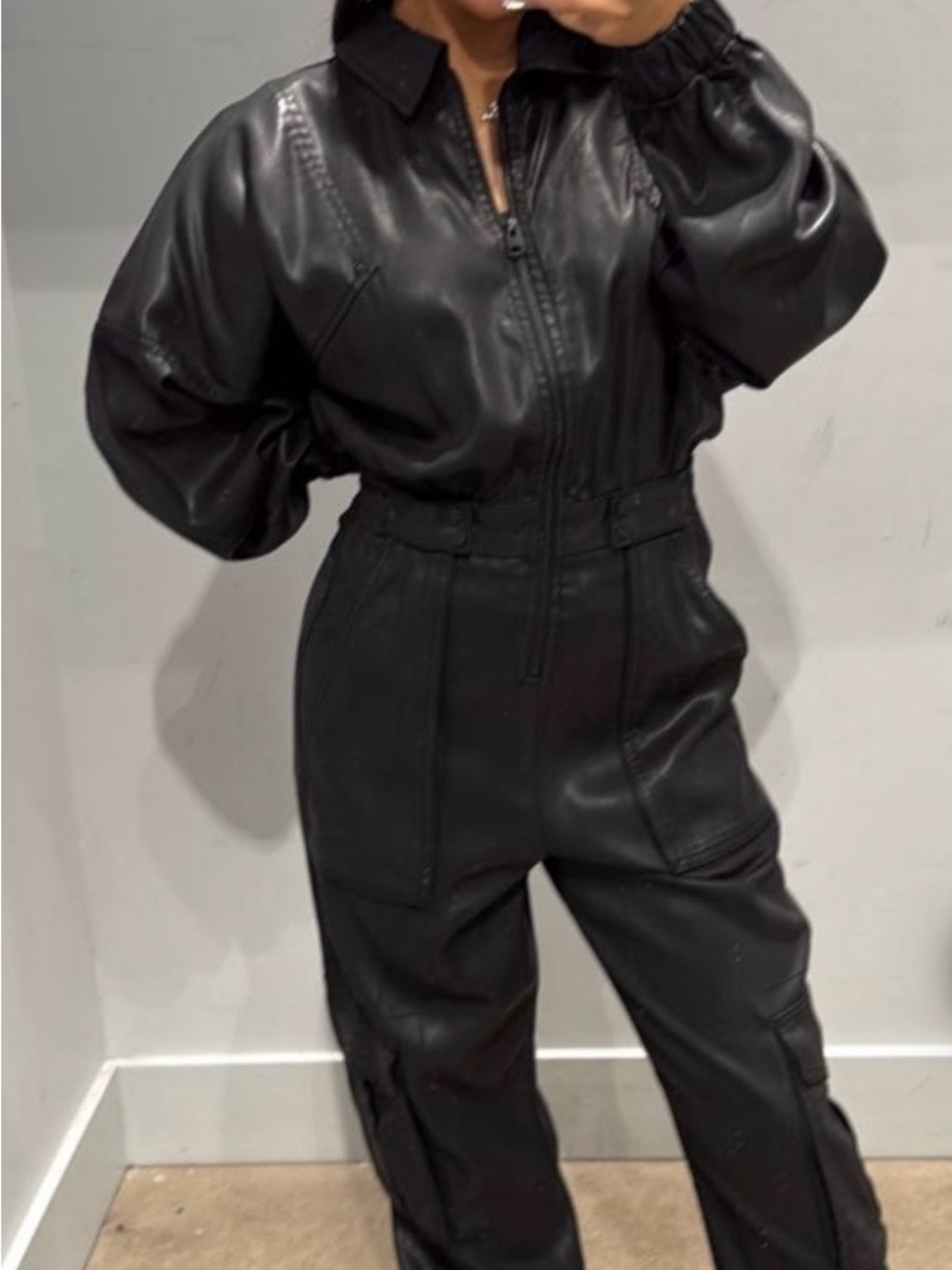 AllSaints Black Faux Leather Utility Jumpsuit